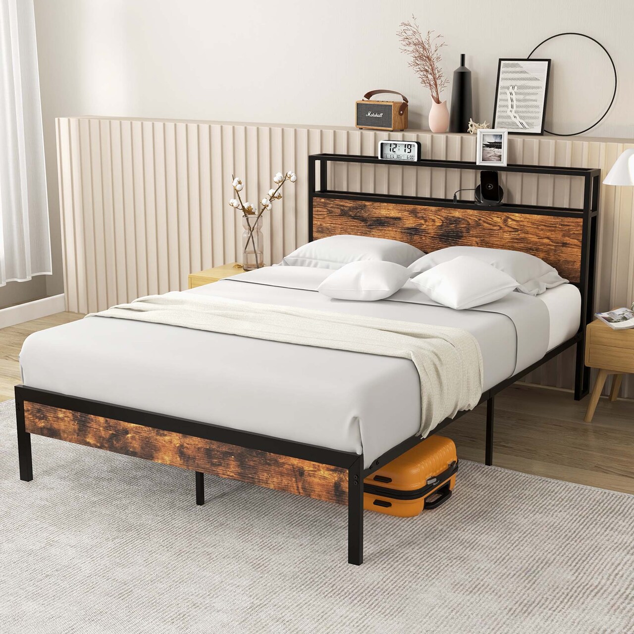 Costway Twin/Full/Queen Bed Frame with Storage Headboard Charging Station 18W USB C Port Rustic Brown